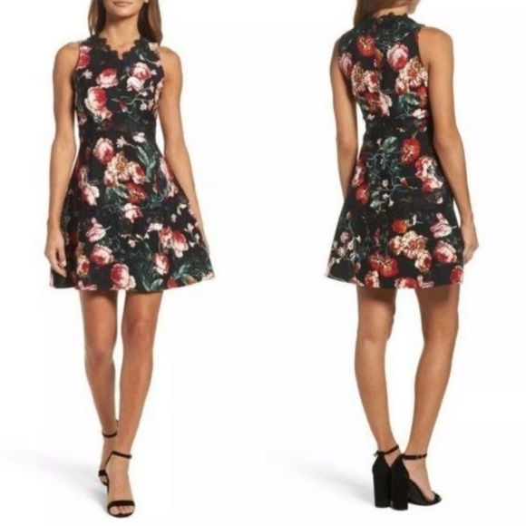 Chelsea 28 Black Foxie Floral Lace Trim Mini Dress size L - Picture 1 of 10